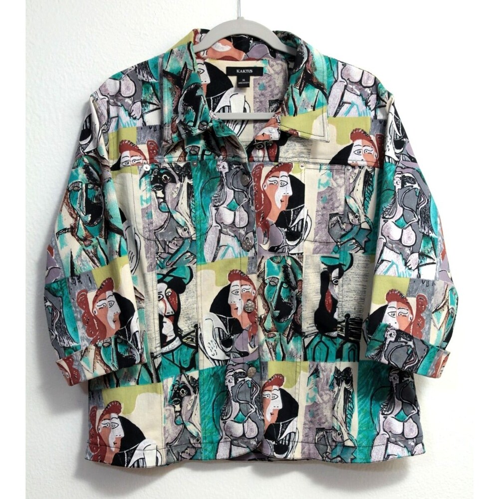 Vintage Kaktus Women's Jacket Cotton Blend 3/4 Sleeves Picasso Art Buttons XL